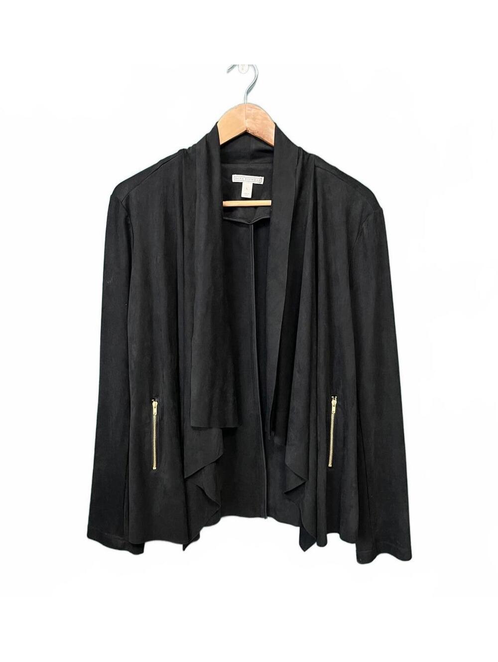 Dana Buchman Black Faux Suede Vegan Draped Jacket Open Front Duster Moto Vampy